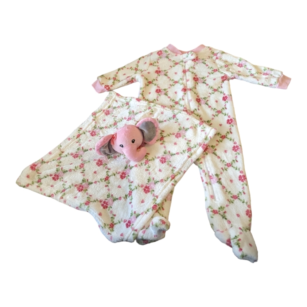 Precious Baby Elephant Snuggle Blanket and Footie Pajama Floral Set